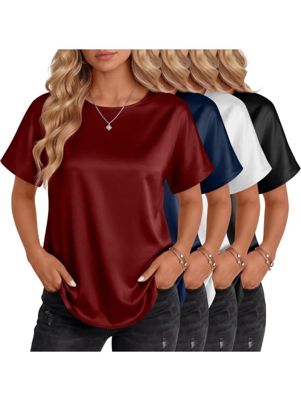 4 Pack Women's Silk Satin Blouses - Luxurious, Soft, Stylish Tops for Any